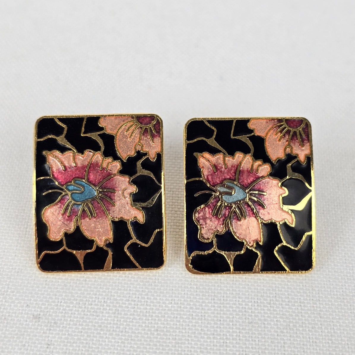 Vintage Cloisonné Enamel Pink Flower Stud Earrings