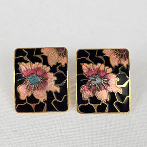 Vintage Cloisonné Enamel Pink Flower Stud Earrings