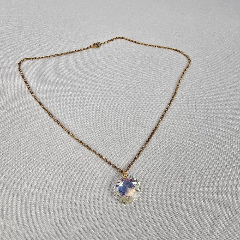 Vintage Gold Tone Faceted AB Glass Pendant Necklace