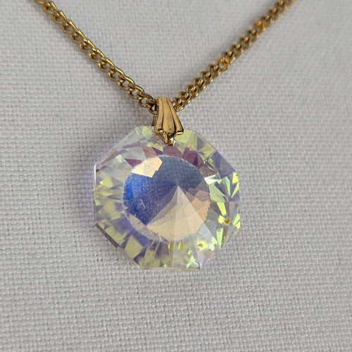 Vintage Gold Tone Faceted AB Glass Pendant Necklace