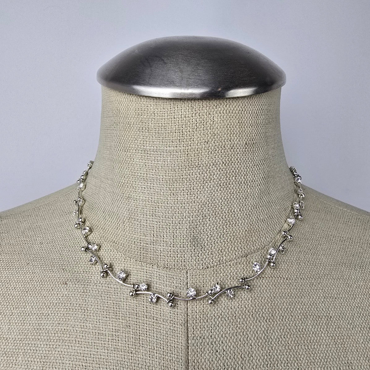 Vintage Monet Silver Floral Rhinestone Collar Necklace