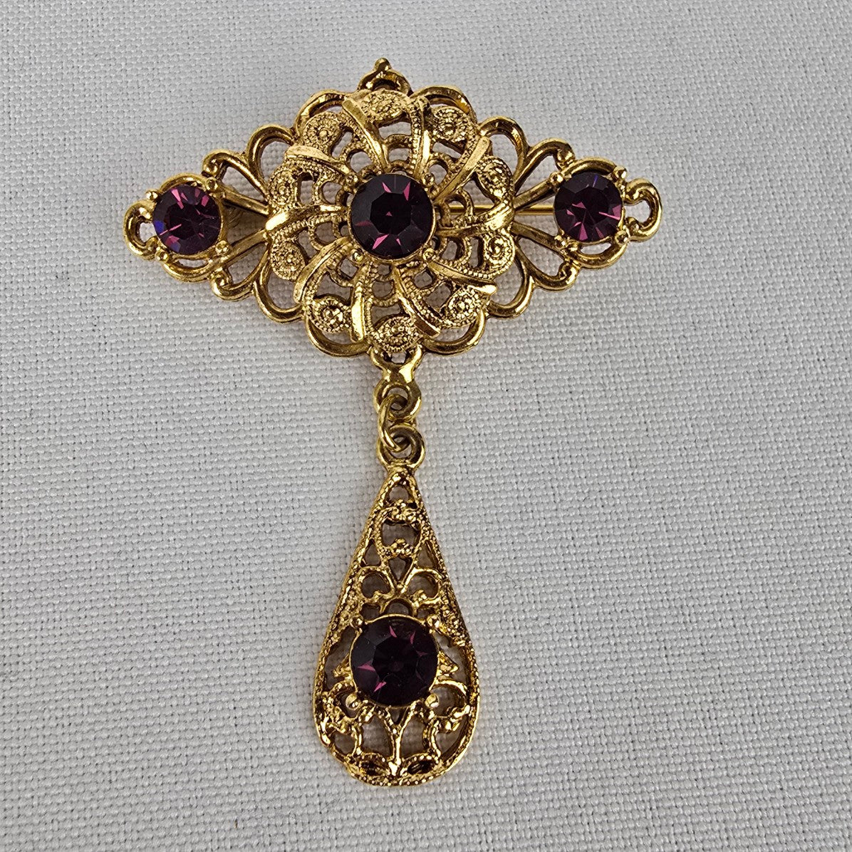 Vintage Gold Tone Purple Stone Drop Brooch