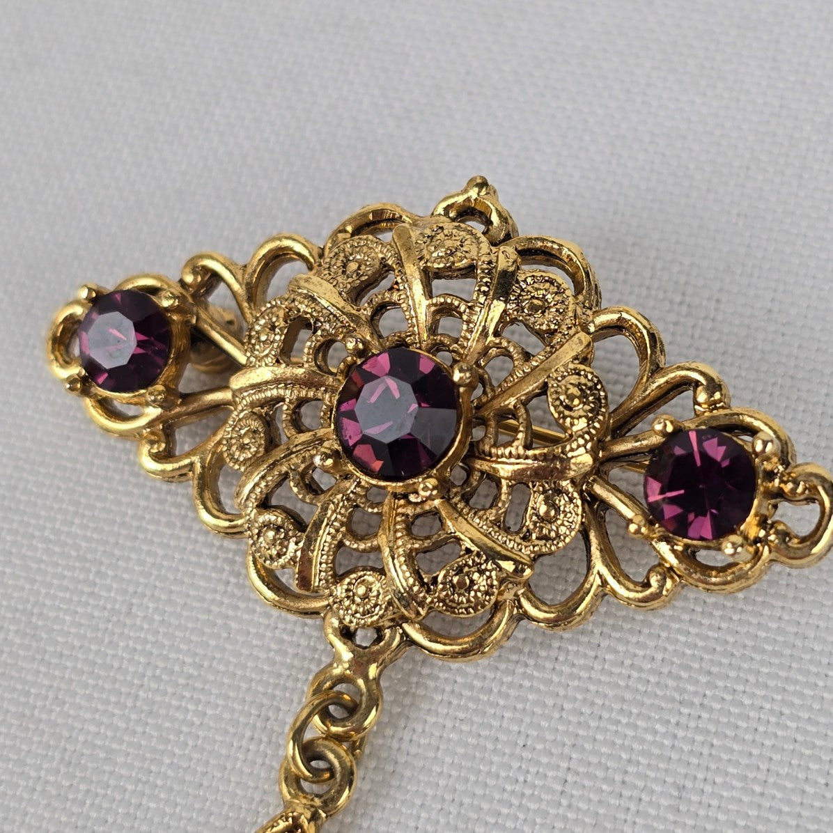 Vintage Gold Tone Purple Stone Drop Brooch