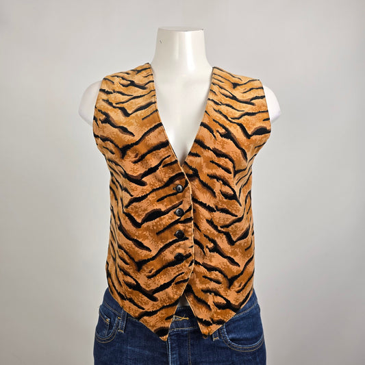 Vintage Karen Scott Brown Tiger Print Button Up Vest Size S