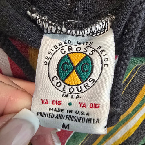 Vintage Cross Colours Cropped Hoodie Striped Hip Hop Sweatshirt Size M