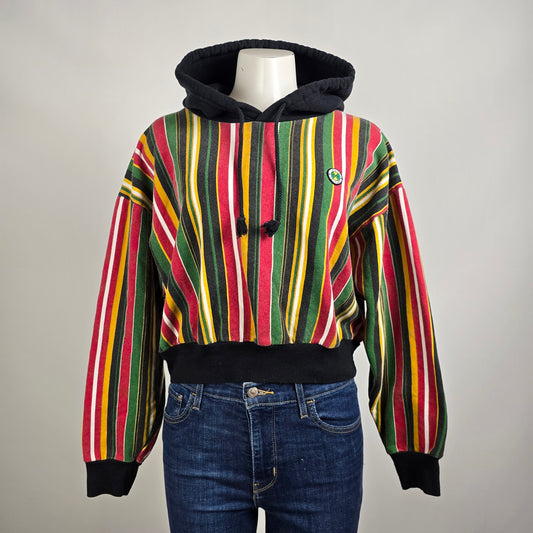 Vintage Cross Colours Cropped Hoodie Striped Hip Hop Sweatshirt Size M