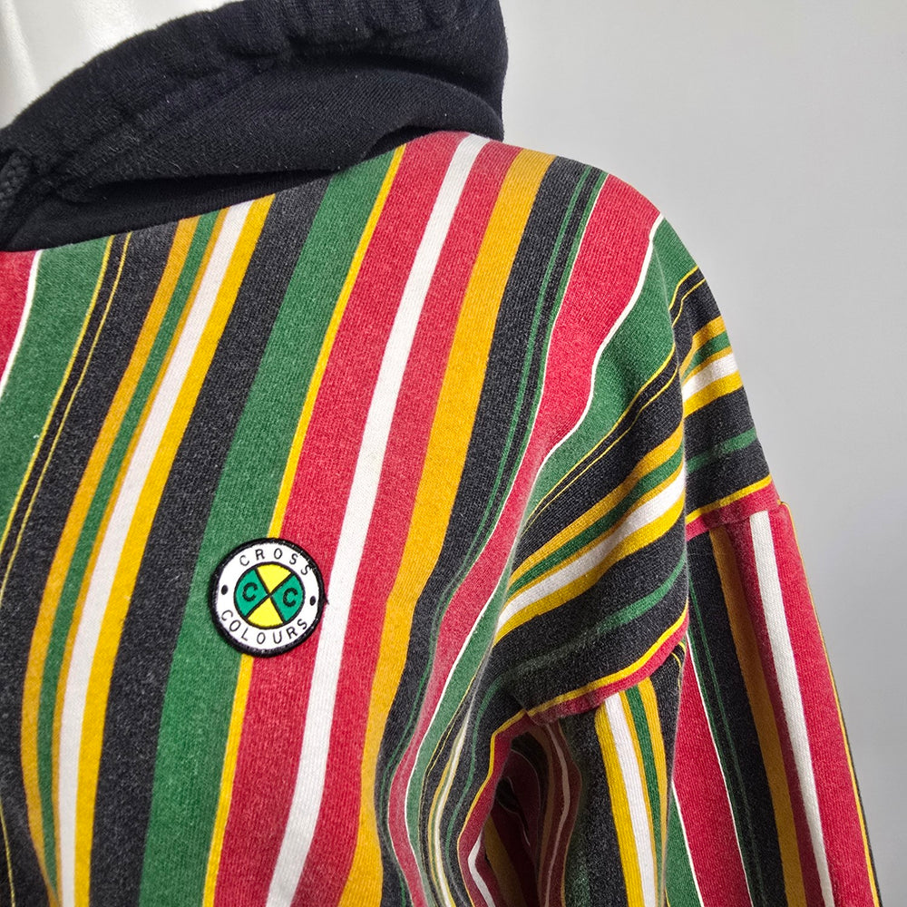 Vintage Cross Colours Cropped Hoodie Striped Hip Hop Sweatshirt Size M