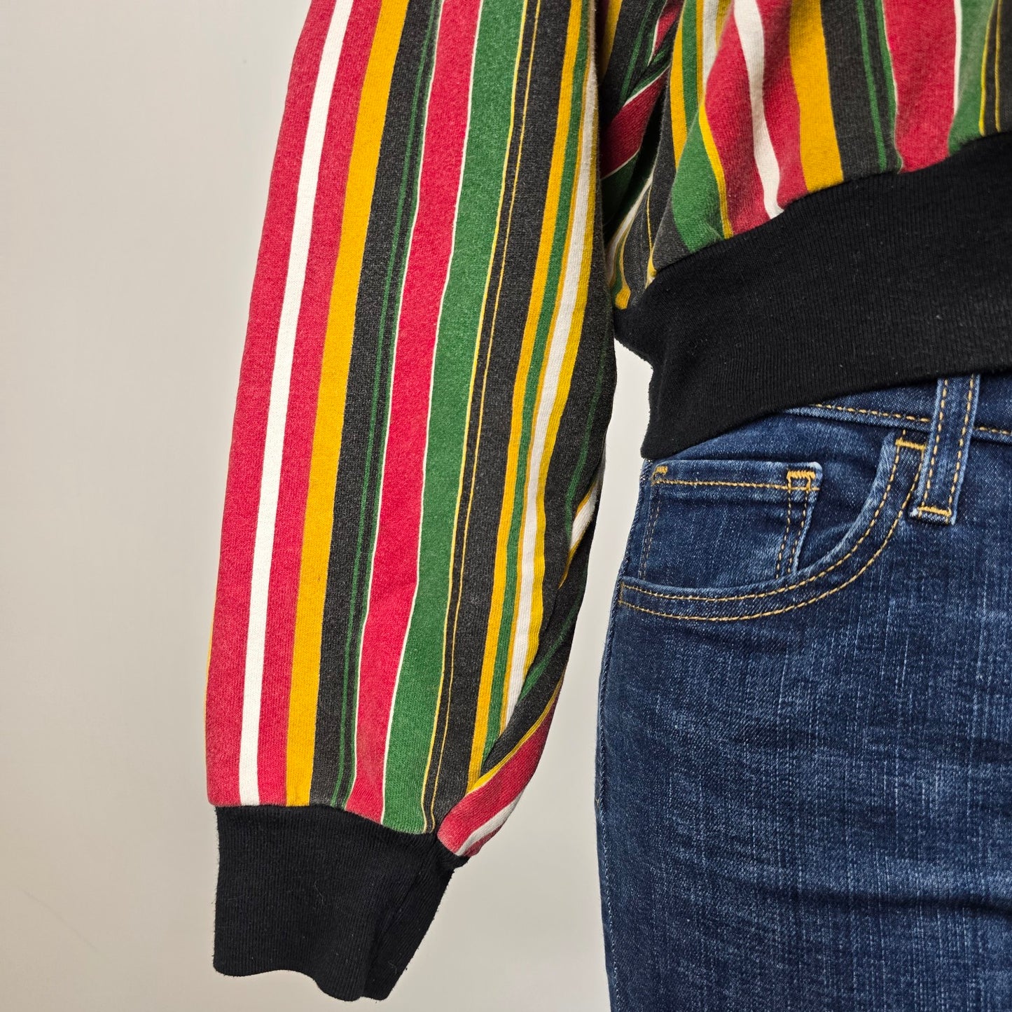 Vintage Cross Colours Cropped Hoodie Striped Hip Hop Sweatshirt Size M