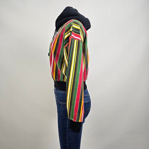 Vintage Cross Colours Cropped Hoodie Striped Hip Hop Sweatshirt Size M