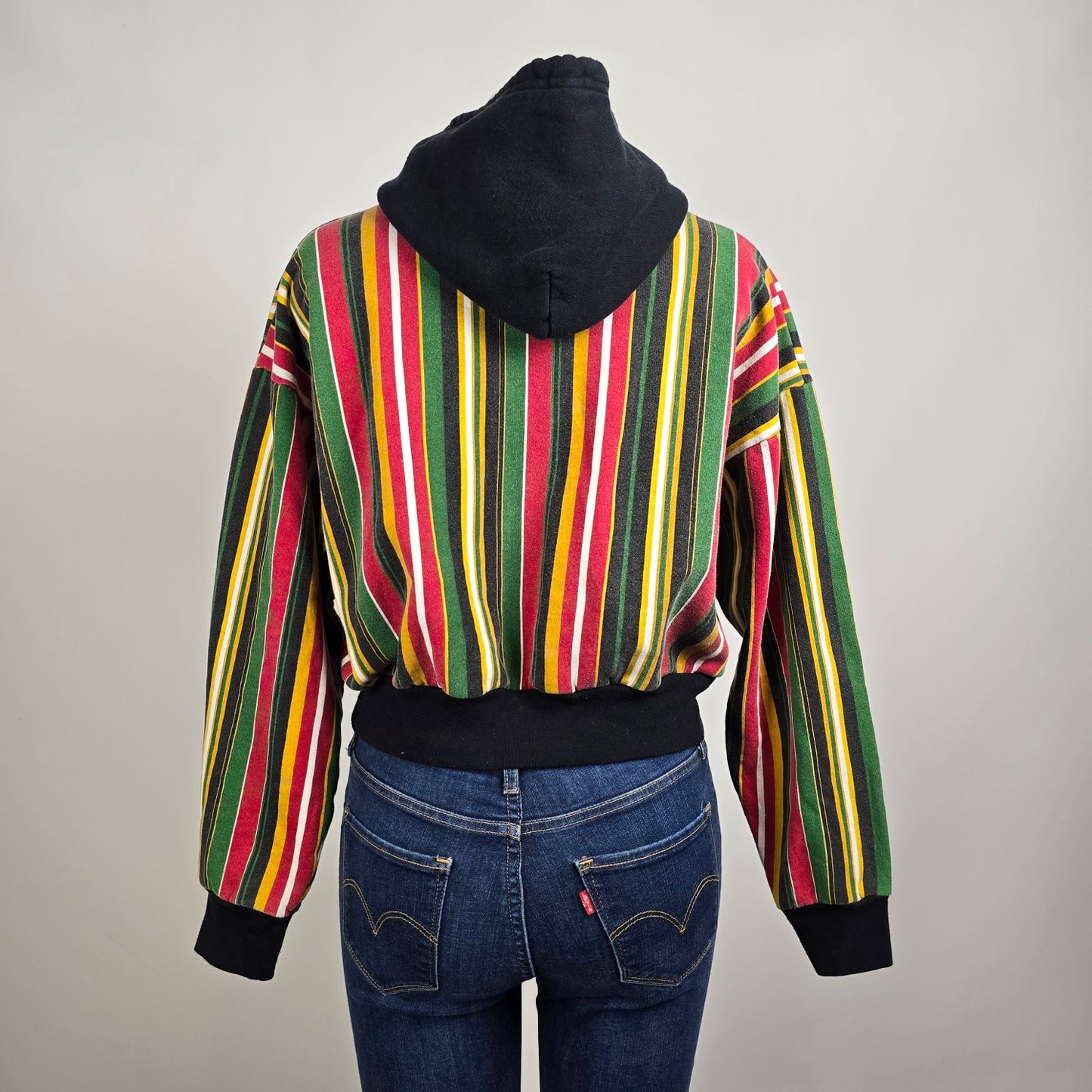 Vintage Cross Colours Cropped Hoodie Striped Hip Hop Sweatshirt Size M