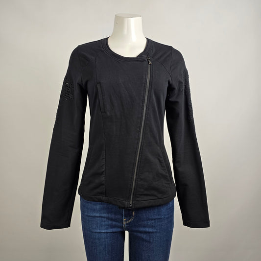 Sandwich Black Cotton Floral Detail Zip Up Light Jacket Size M