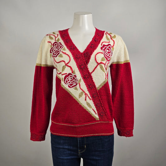 Vintage Jaclyn Smith Red Wool Knit Floral V Neck Sweater Size M