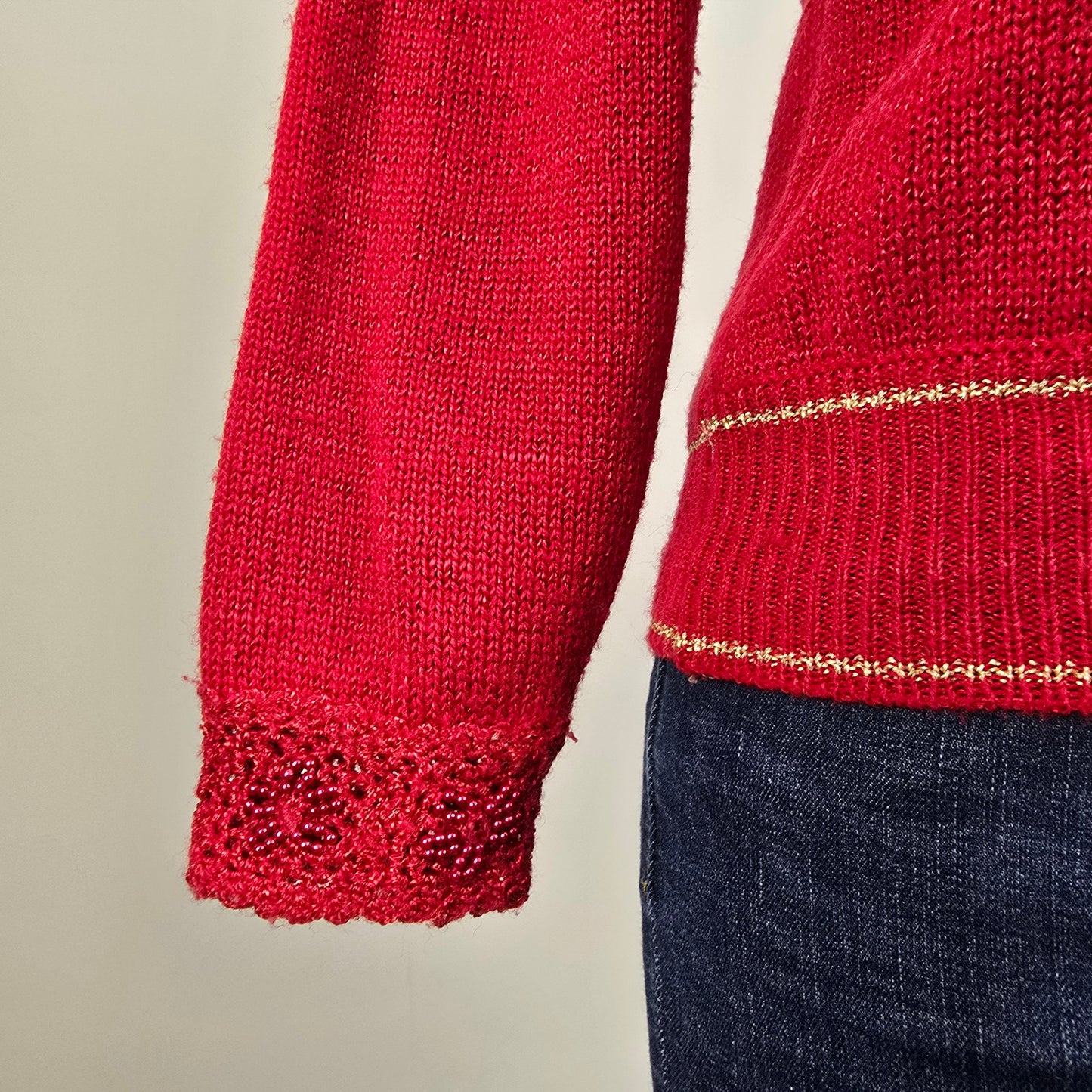 Vintage Jaclyn Smith Red Wool Knit Floral V Neck Sweater Size M