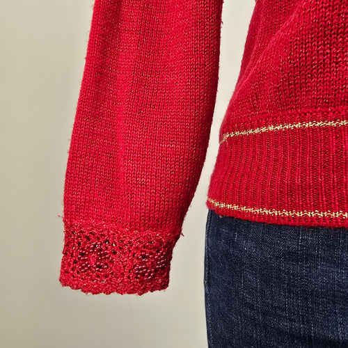Vintage Jaclyn Smith Red Wool Knit Floral V Neck Sweater Size M