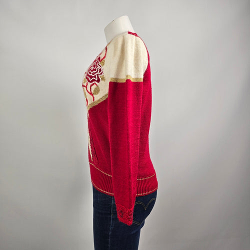 Vintage Jaclyn Smith Red Wool Knit Floral V Neck Sweater Size M