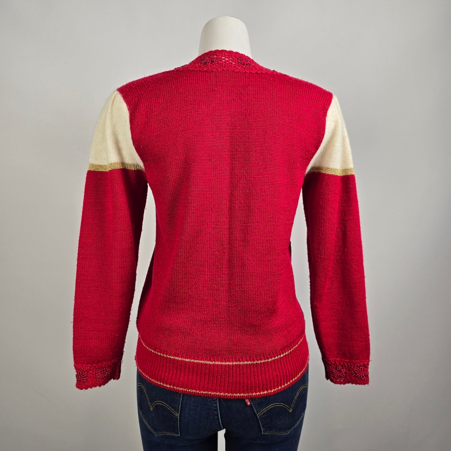 Vintage Jaclyn Smith Red Wool Knit Floral V Neck Sweater Size M