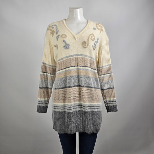 Vintage I.B. Diffusion Grey & Cream Angora Knit Tunic Sweater Size L