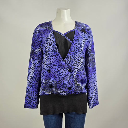 Vintage Warsi Blue Leopard Print Top Blouse Size 9/10
