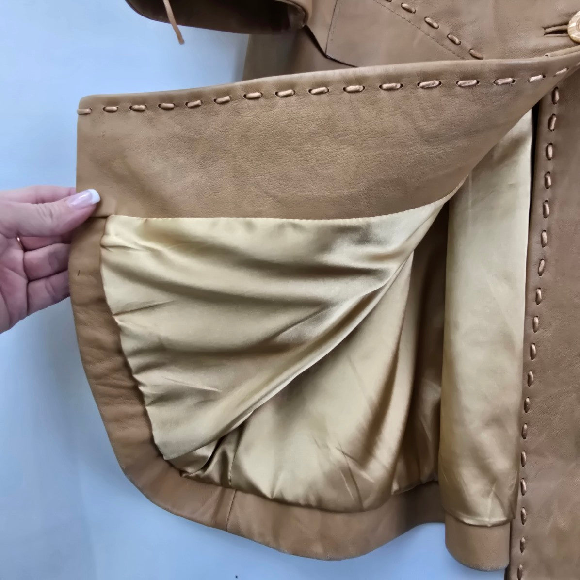 Vintage 90s Altin Ok Carmel Brown Leather Pea Coat Size M