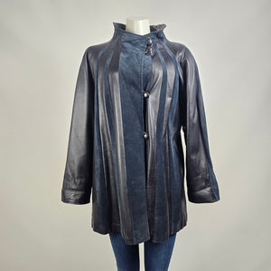 Vintage Peruzzi Italian Leather Navy Suede Stripped Patchwork Coat Size 10