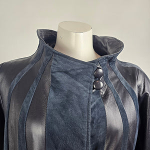 Vintage Peruzzi Italian Leather Navy Suede Stripped Patchwork Coat Size 10