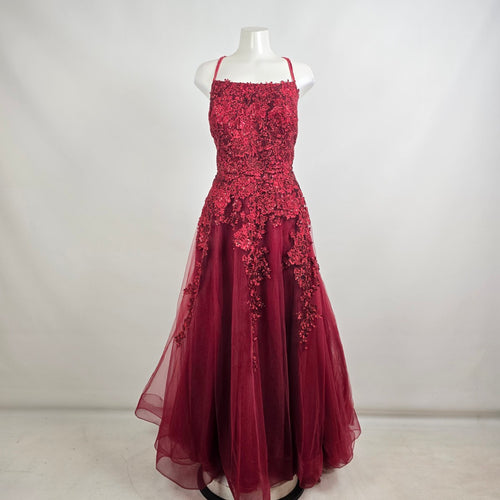 Monsini Burgundy Floral Horse Hair Hem Tulle Skirt Grad Dress Size 20