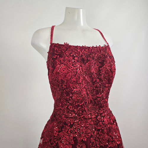 Monsini Burgundy Floral Horse Hair Hem Tulle Skirt Grad Dress Size 20