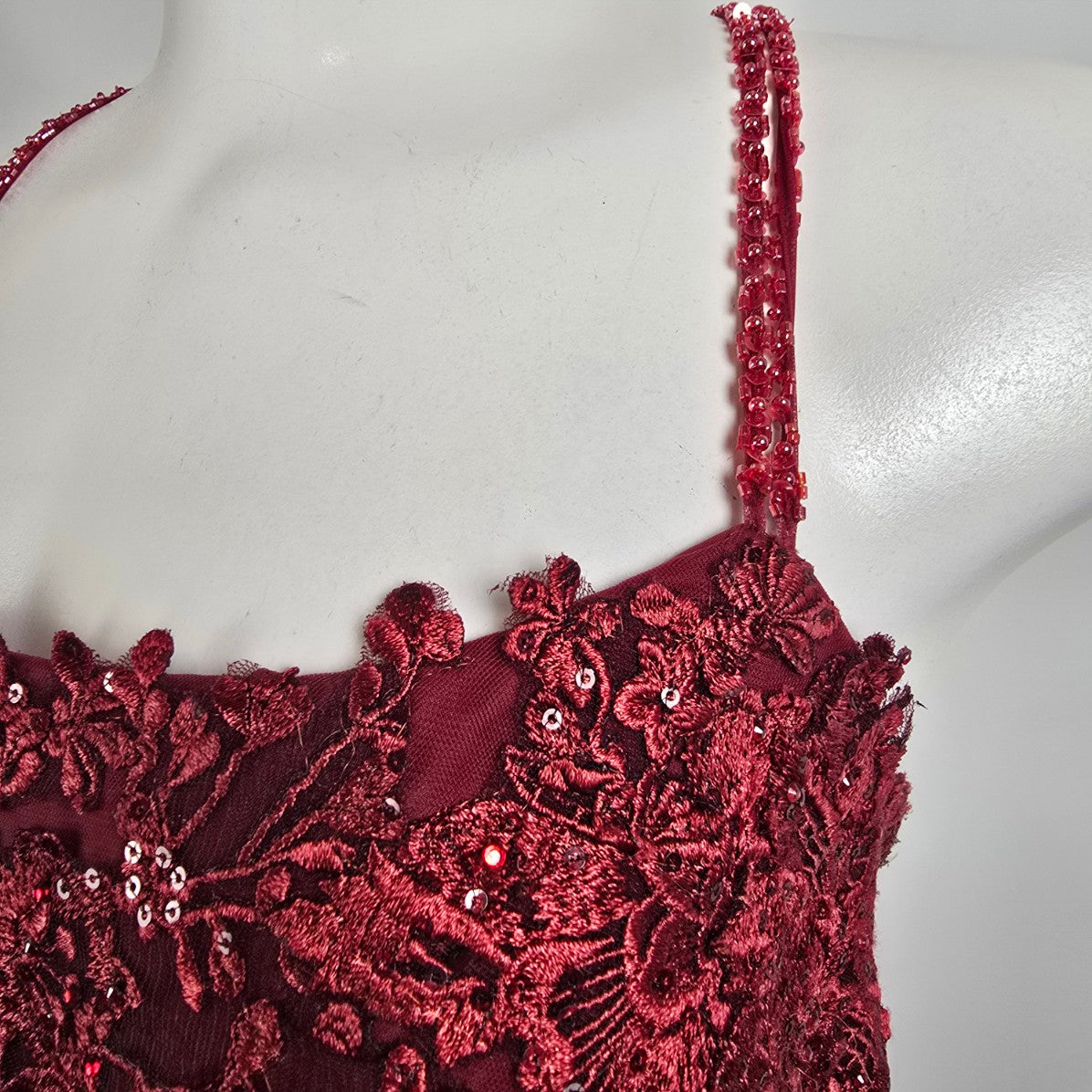 Monsini Burgundy Floral Horse Hair Hem Tulle Skirt Grad Dress Size 20