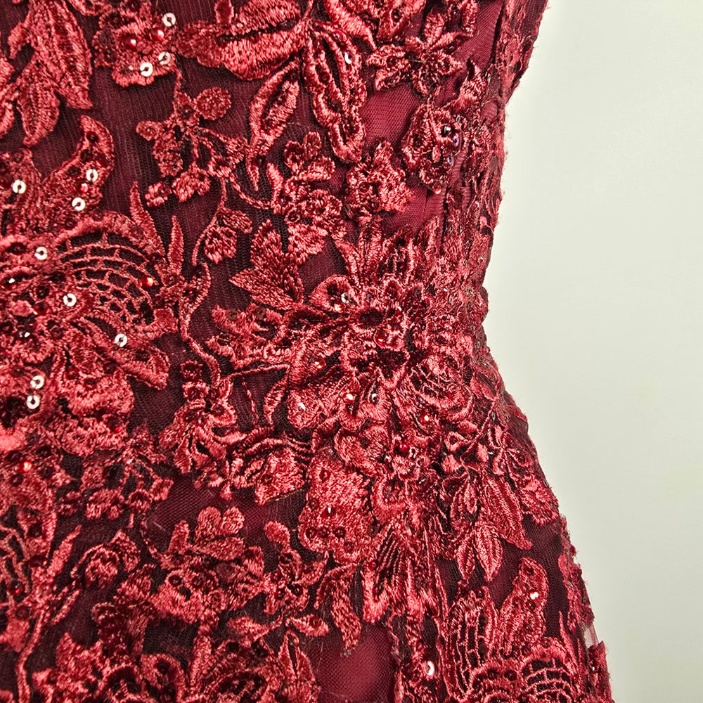 Monsini Burgundy Floral Horse Hair Hem Tulle Skirt Grad Dress Size 20
