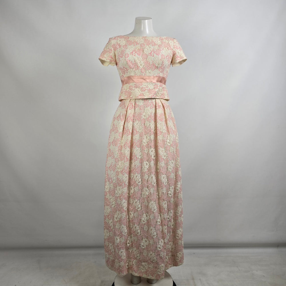 Vintage 60s Pink Floral Lace Long Gown Dress Size S