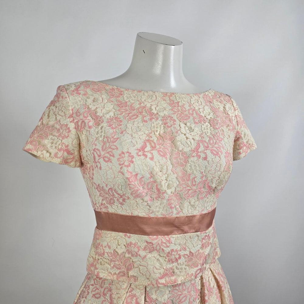 Vintage 60s Pink Floral Lace Long Gown Dress Size S