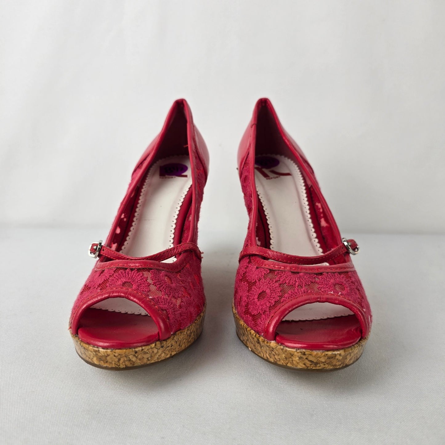 Report Red Flower Lace Peep Toe Wedge Heel Shoes Size 8.5