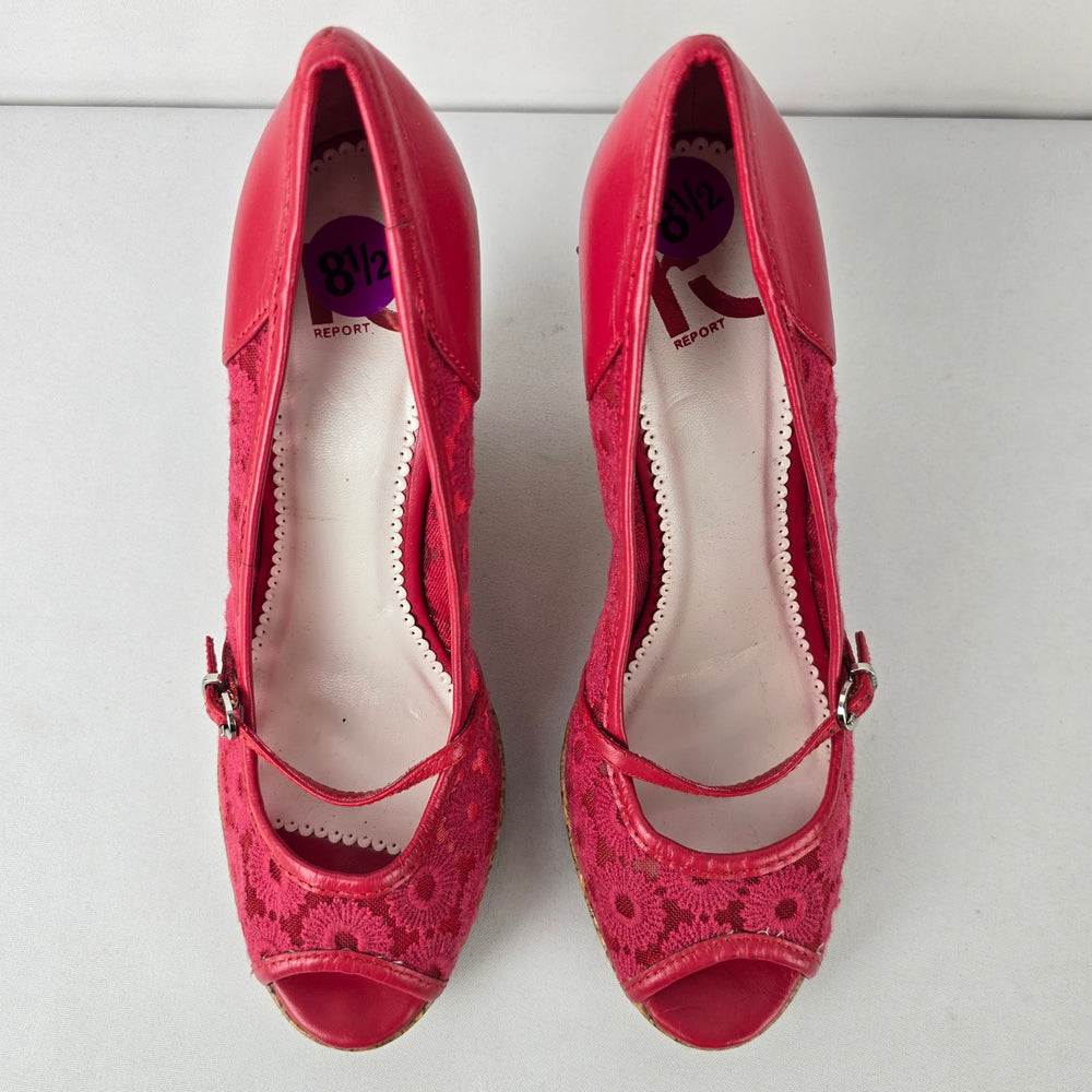 Report Red Flower Lace Peep Toe Wedge Heel Shoes Size 8.5