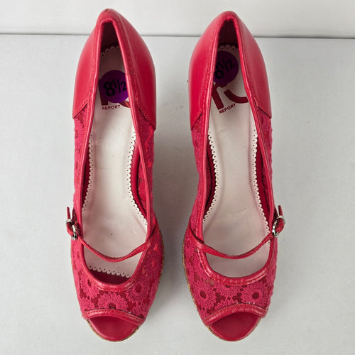 Report Red Flower Lace Peep Toe Wedge Heel Shoes Size 8.5
