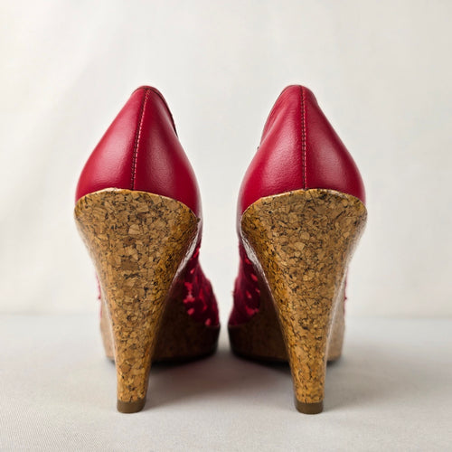 Report Red Flower Lace Peep Toe Wedge Heel Shoes Size 8.5