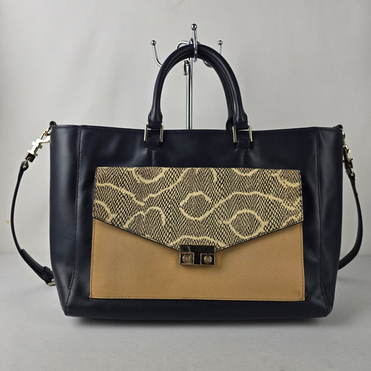 Tory Burch Navy & Taupe Reptile Print Satchel Purse