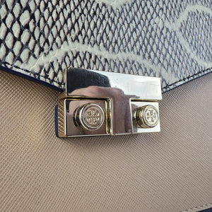 Tory Burch Navy & Taupe Reptile Print Satchel Purse