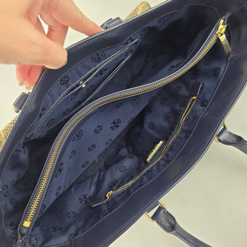 Tory Burch Navy & Taupe Reptile Print Satchel Purse