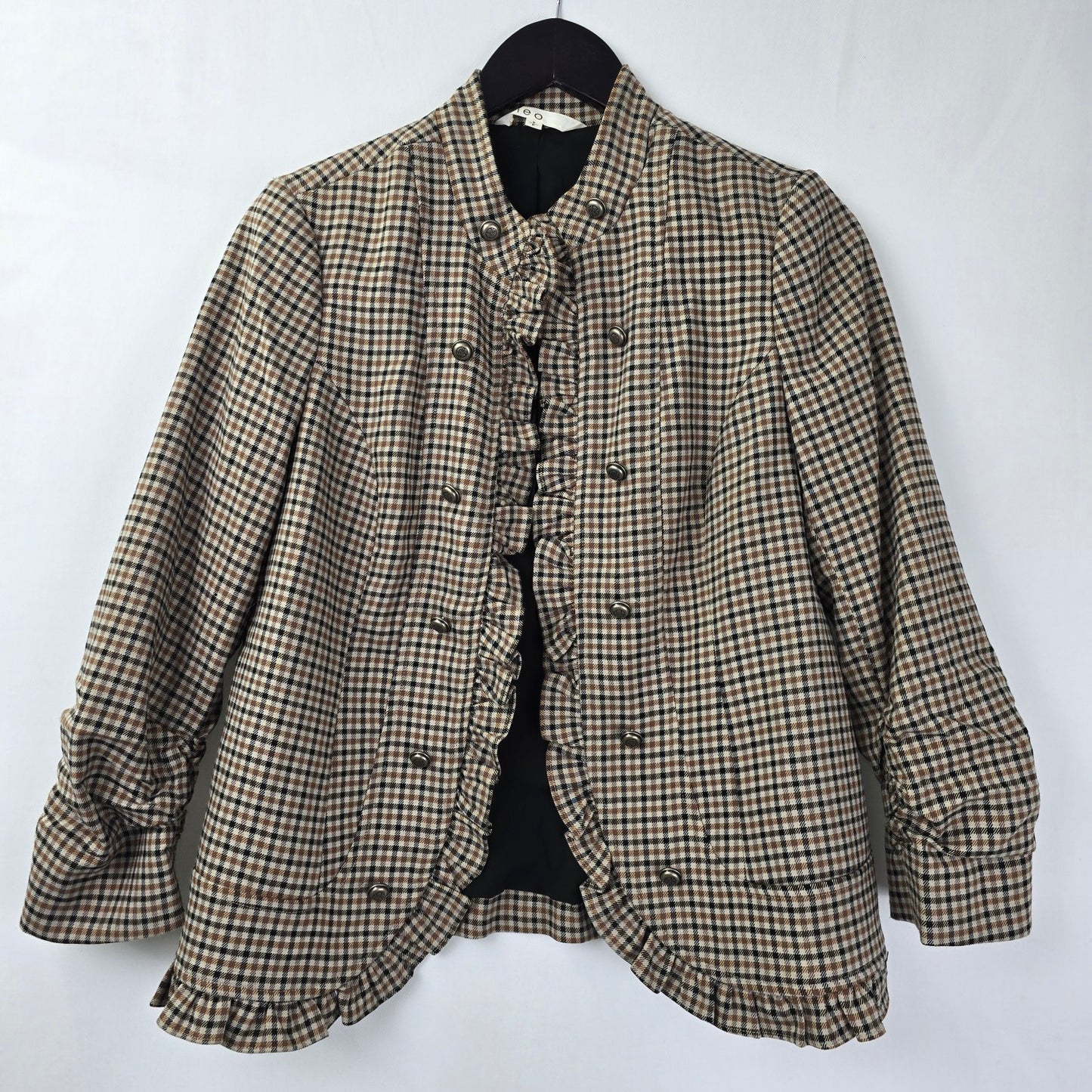Cleo Brown Plaid Ruffle Detail Military Inspired Blazer Size S