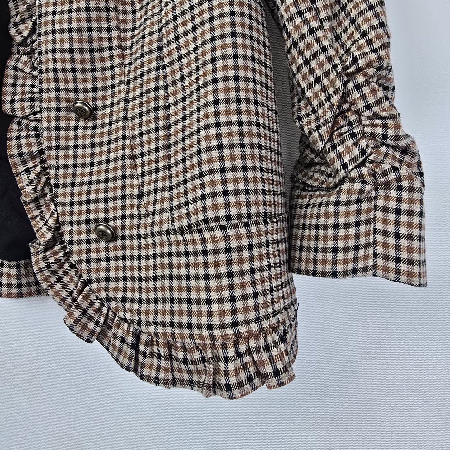 Cleo Brown Plaid Ruffle Detail Military Inspired Blazer Size S