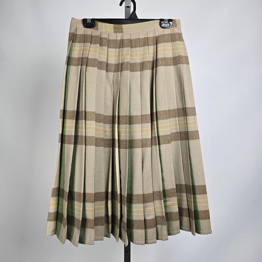 Vintage Brown & Green Pleated Kilt Midi Skirt Size S/M