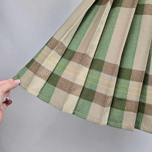 Vintage Brown & Green Pleated Kilt Midi Skirt Size S/M