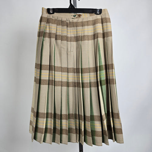 Vintage Brown & Green Pleated Kilt Midi Skirt Size S/M