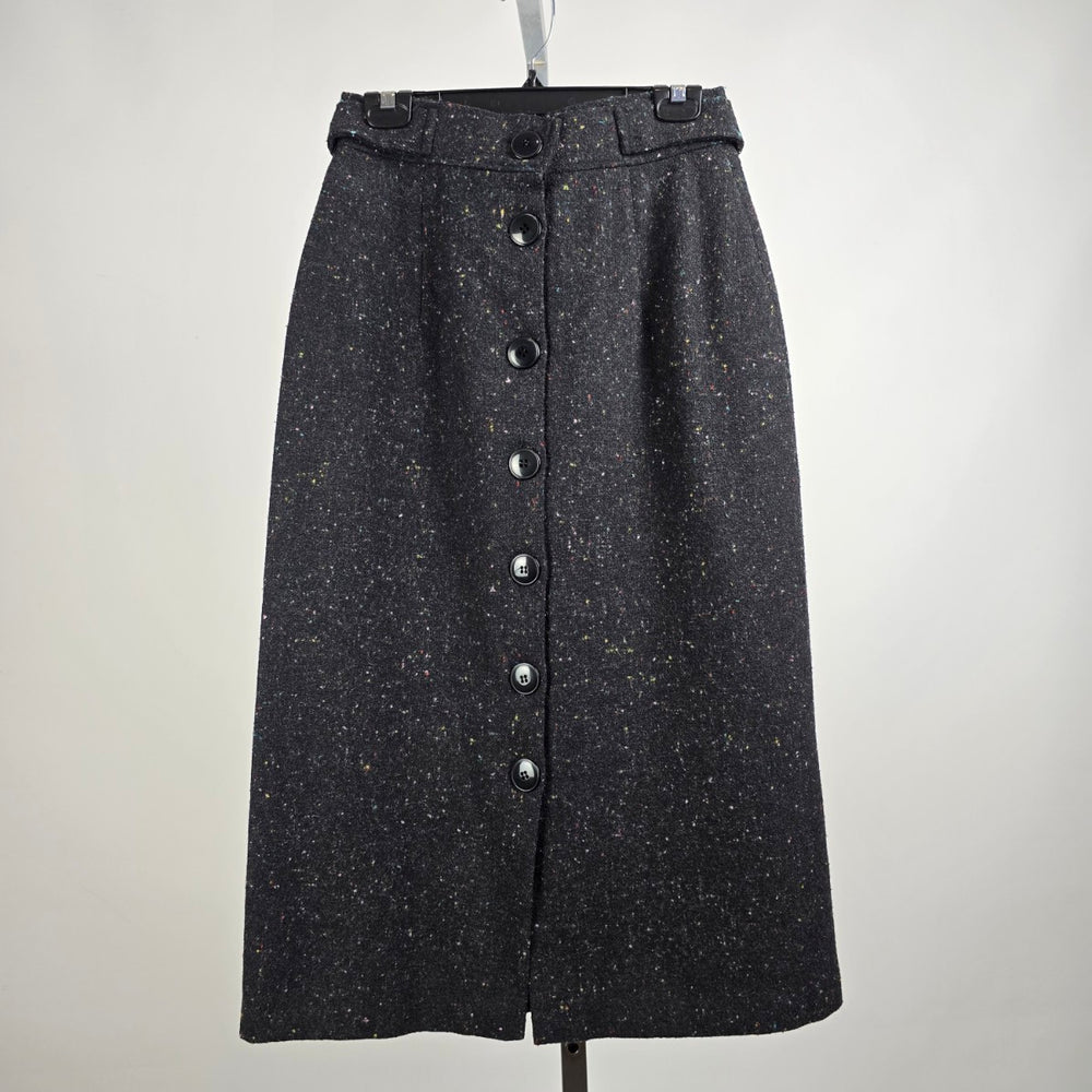 Vintage Black Wool Tweed Button Up Midi Skirk Size 13