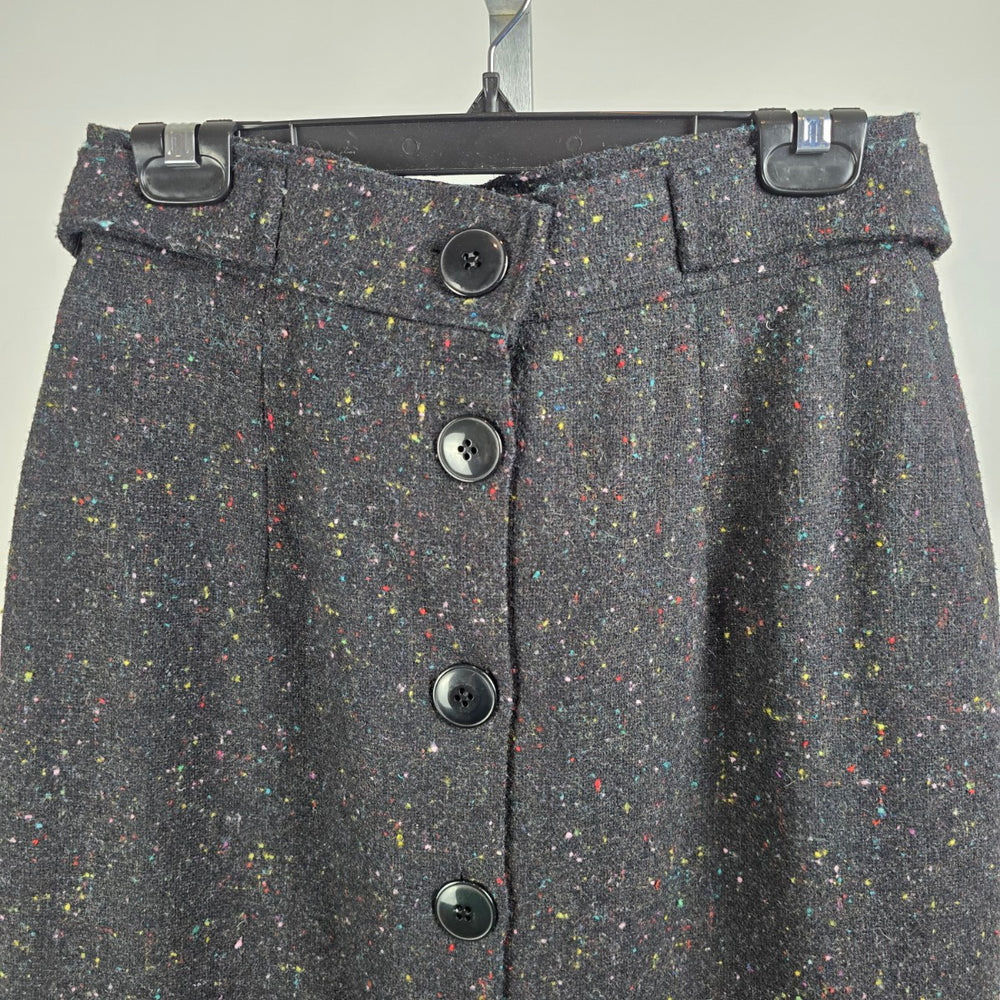 Vintage Black Wool Tweed Button Up Midi Skirk Size 13