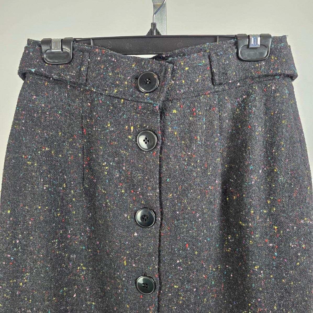 Vintage Black Wool Tweed Button Up Midi Skirk Size 13