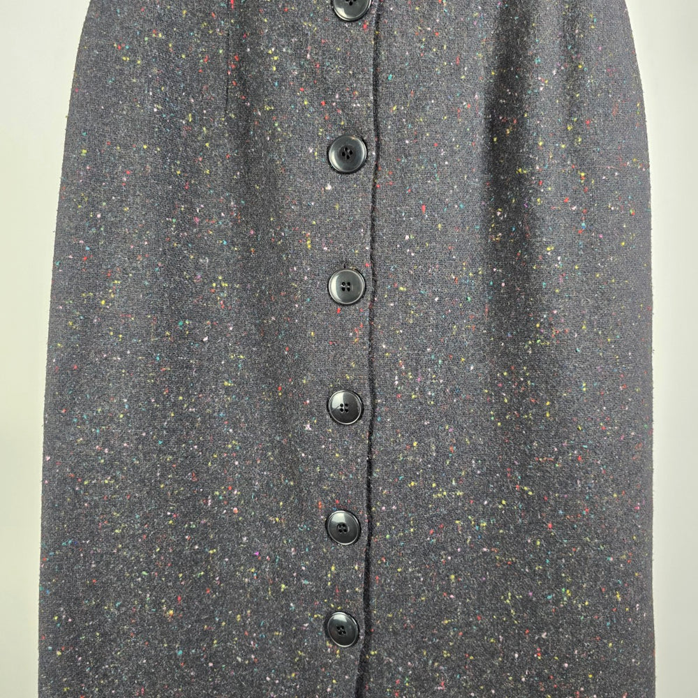 Vintage Black Wool Tweed Button Up Midi Skirk Size 13