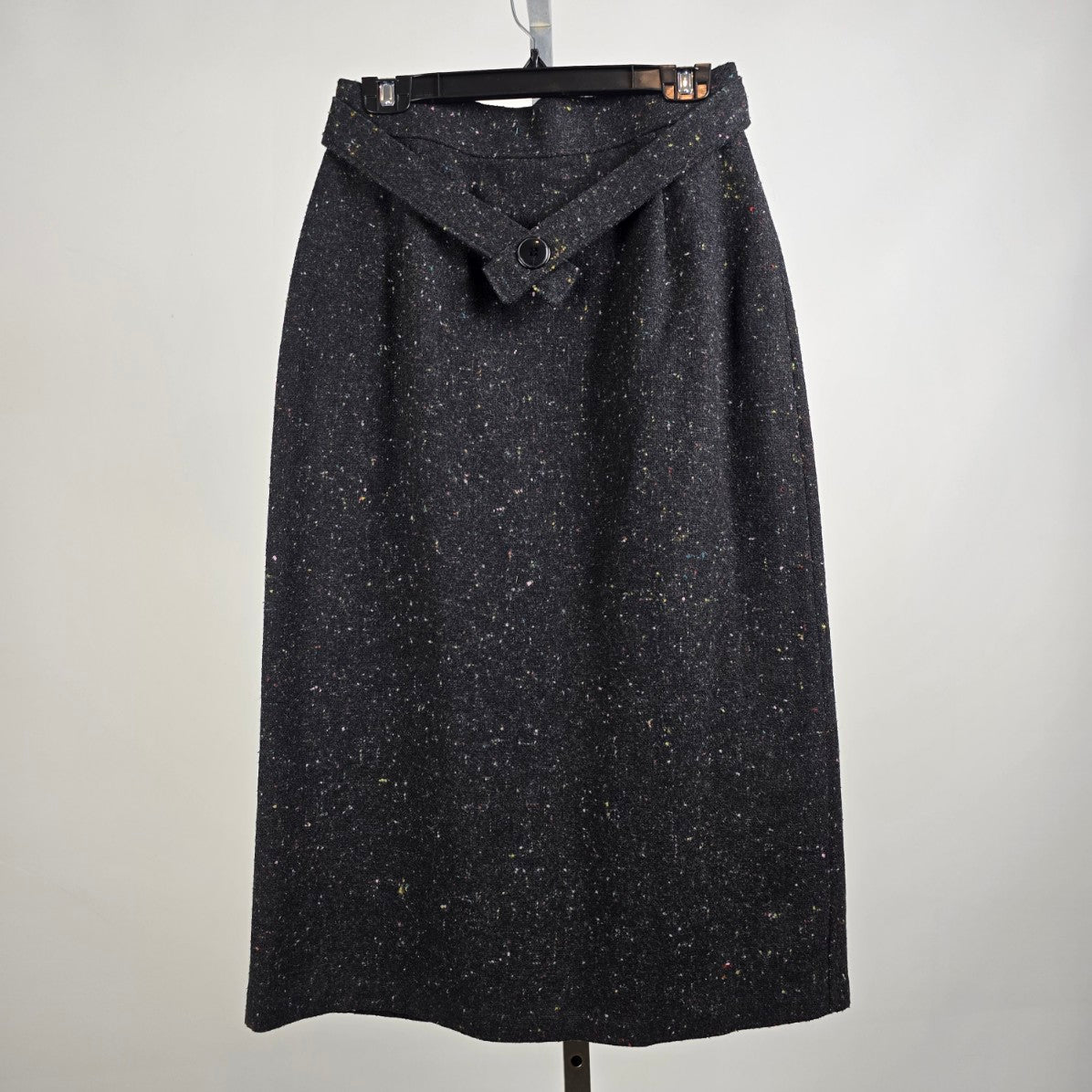 Vintage Black Wool Tweed Button Up Midi Skirk Size 13
