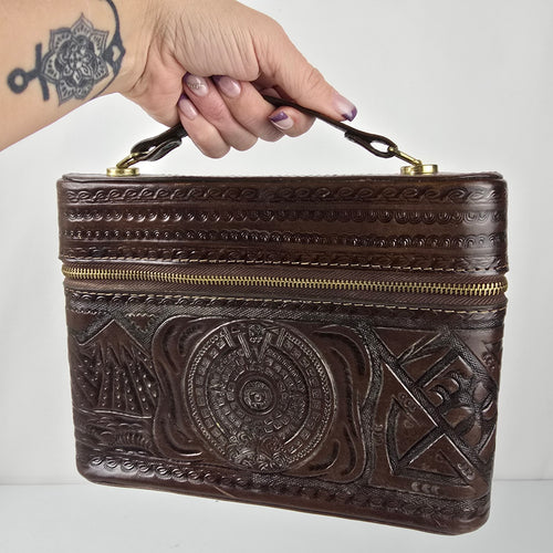 Vintage Handcrafted Embossed Leather Bar Travel Case Clutch Purse
