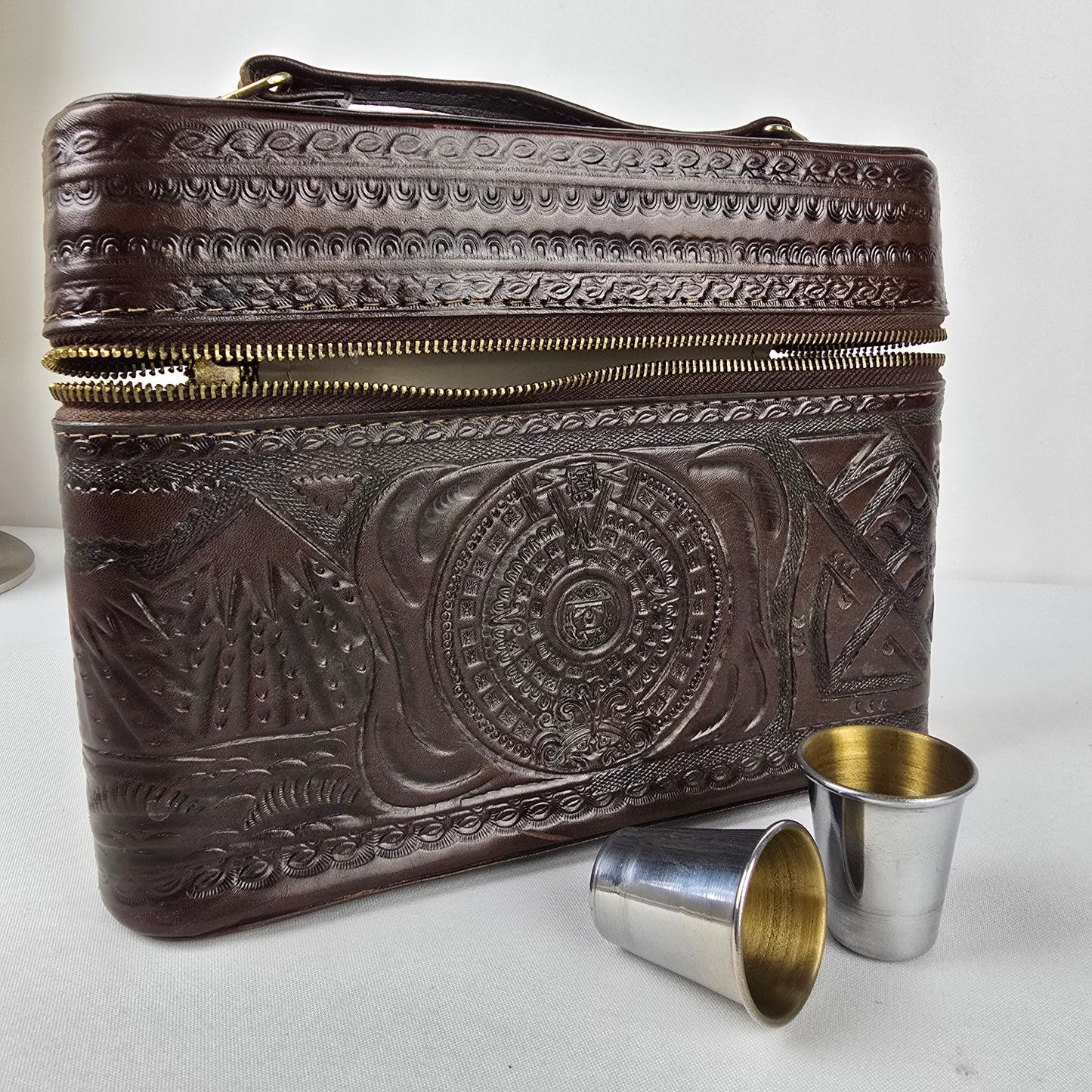 Vintage Handcrafted Embossed Leather Bar Travel Case Clutch Purse